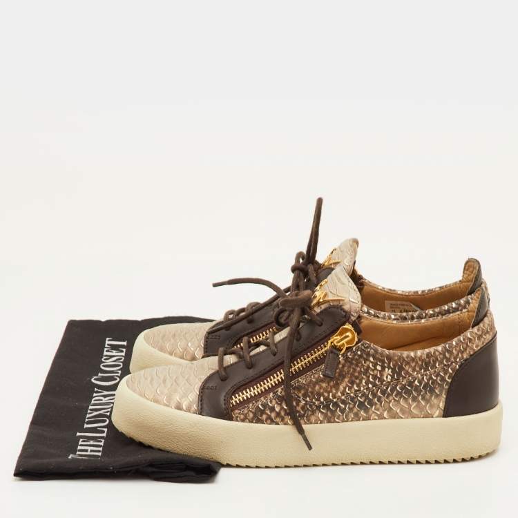 Pre Owned Giuseppe Zanotti Frankie Size 41 Brown Snake Embossed Leather Low Top Sneakers