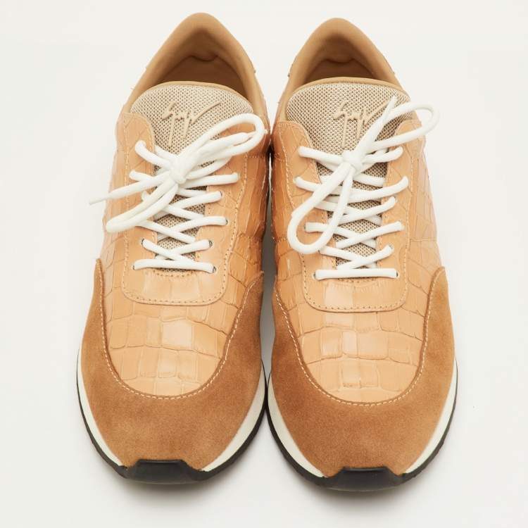 Pre Owned Giuseppe Zanotti Jimi Size 42 Beige Croc Embossed Leather and Suede Low Top Sneakers