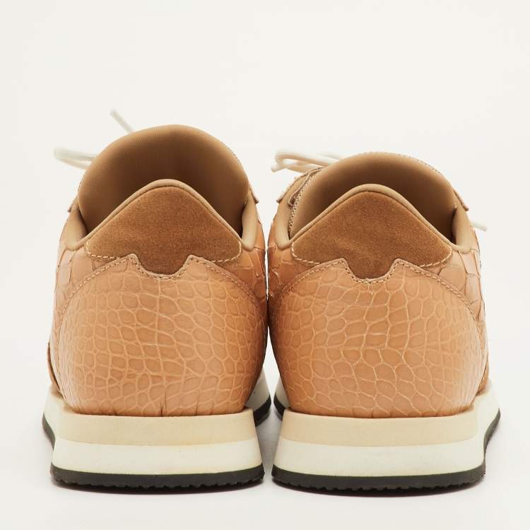 Pre Owned Giuseppe Zanotti Jimi Size 42 Beige Croc Embossed Leather and Suede Low Top Sneakers
