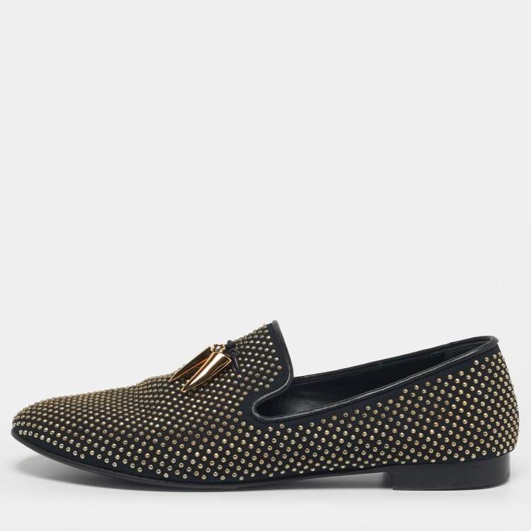 Pre Owned Giuseppe Zanotti Size 45 Two Tone Canvas Stud All Over Shark Tooth Smoking Slippers