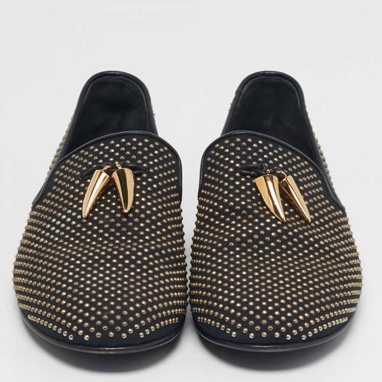 Pre Owned Giuseppe Zanotti Size 45 Two Tone Canvas Stud All Over Shark Tooth Smoking Slippers