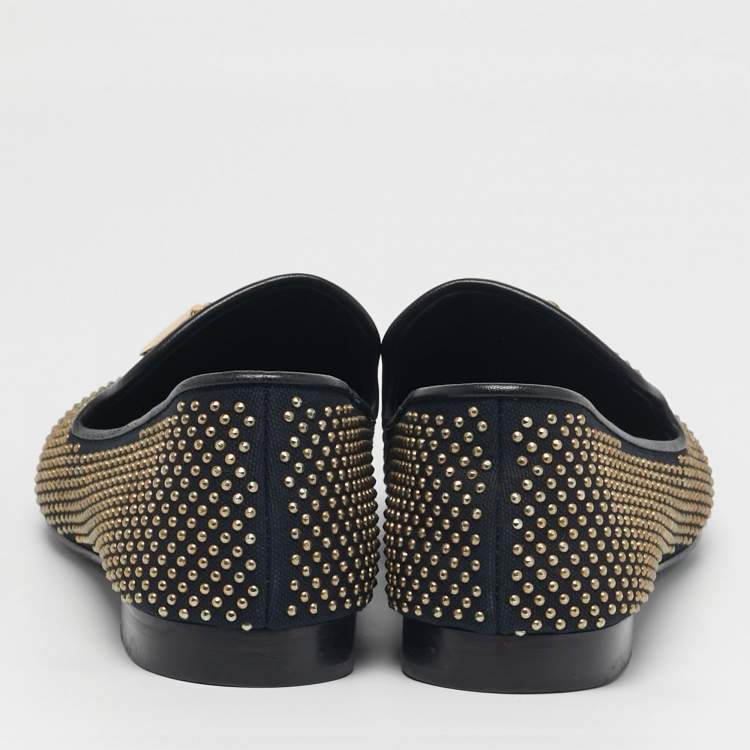 Pre Owned Giuseppe Zanotti Size 45 Two Tone Canvas Stud All Over Shark Tooth Smoking Slippers