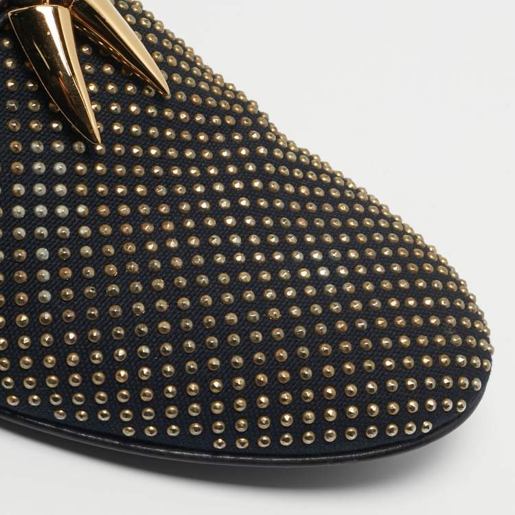 Pre Owned Giuseppe Zanotti Size 45 Two Tone Canvas Stud All Over Shark Tooth Smoking Slippers
