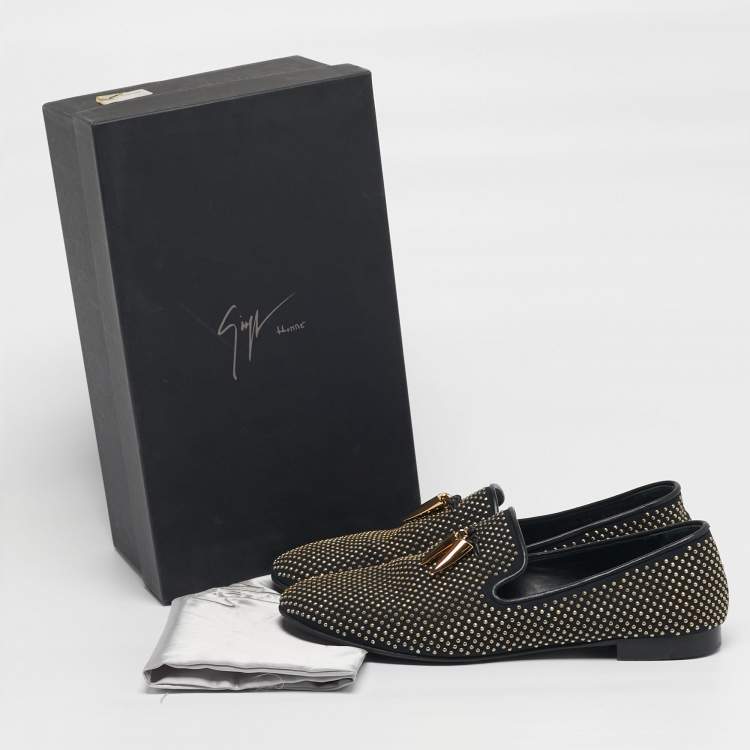 Pre Owned Giuseppe Zanotti Size 45 Two Tone Canvas Stud All Over Shark Tooth Smoking Slippers