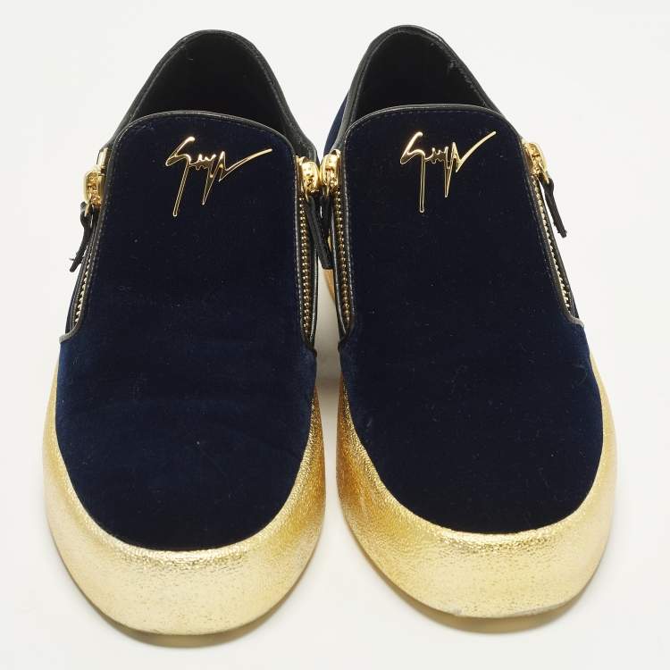 Pre Owned Giuseppe Zanotti Frankie Size 44 Navy Blue Patent Leather and Velvet Low Top Sneakers