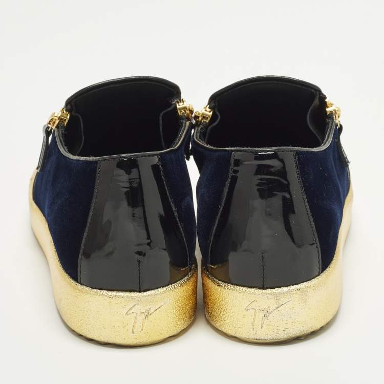 Pre Owned Giuseppe Zanotti Frankie Size 44 Navy Blue Patent Leather and Velvet Low Top Sneakers