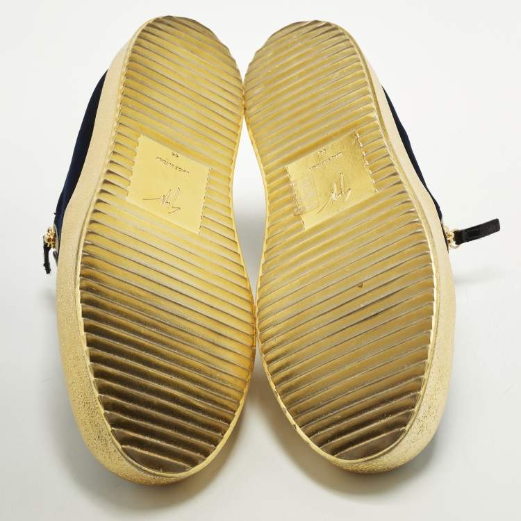 Pre Owned Giuseppe Zanotti Frankie Size 44 Navy Blue Patent Leather and Velvet Low Top Sneakers