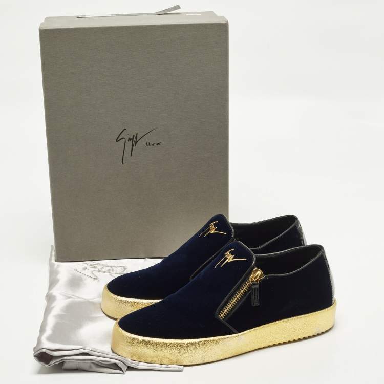 Pre Owned Giuseppe Zanotti Frankie Size 44 Navy Blue Patent Leather and Velvet Low Top Sneakers