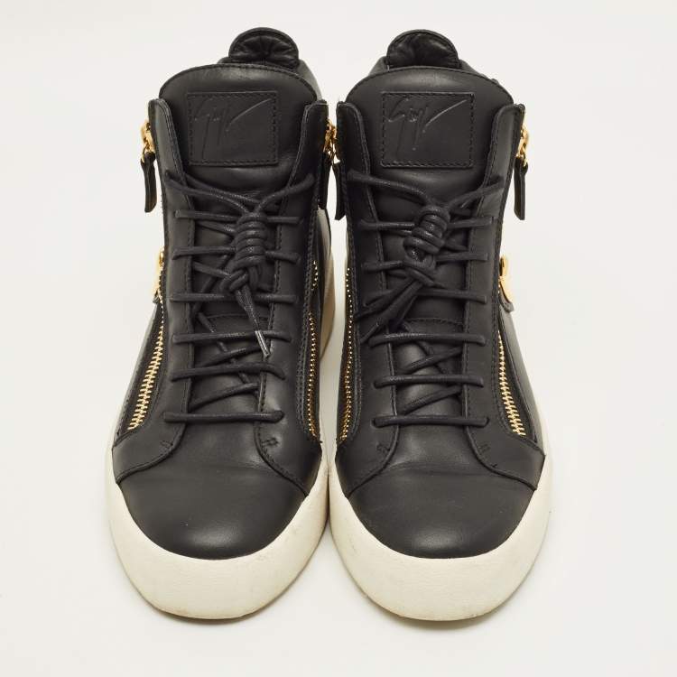 Pre Owned Giuseppe Zanotti Size 43.5 Black Leather Wings Double Side Zip High Top Sneakers
