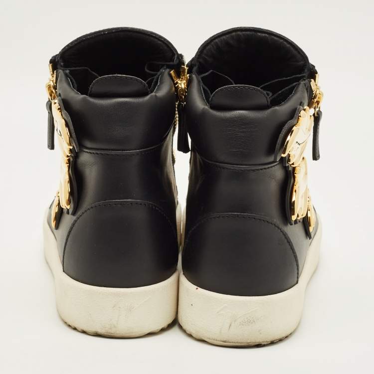 Pre Owned Giuseppe Zanotti Size 43.5 Black Leather Wings Double Side Zip High Top Sneakers