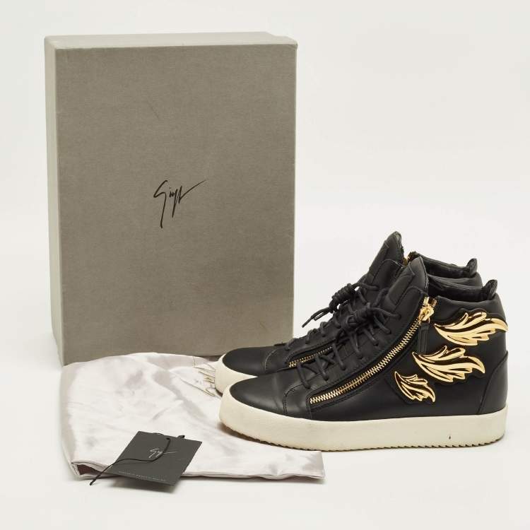 Pre Owned Giuseppe Zanotti Size 43.5 Black Leather Wings Double Side Zip High Top Sneakers