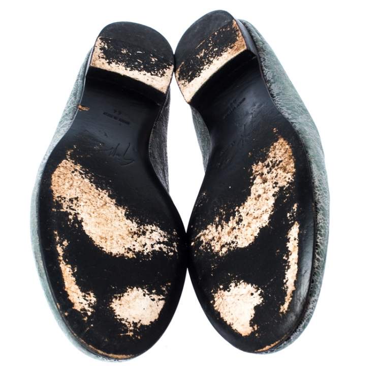 Pre Owned Giuseppe Zanotti Metallic Grey/Light Green Crystal Embellished Slip On Loafers Size 44