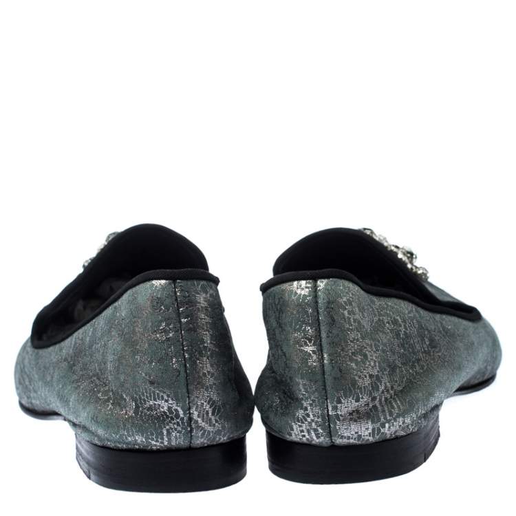 Pre Owned Giuseppe Zanotti Metallic Grey/Light Green Crystal Embellished Slip On Loafers Size 44