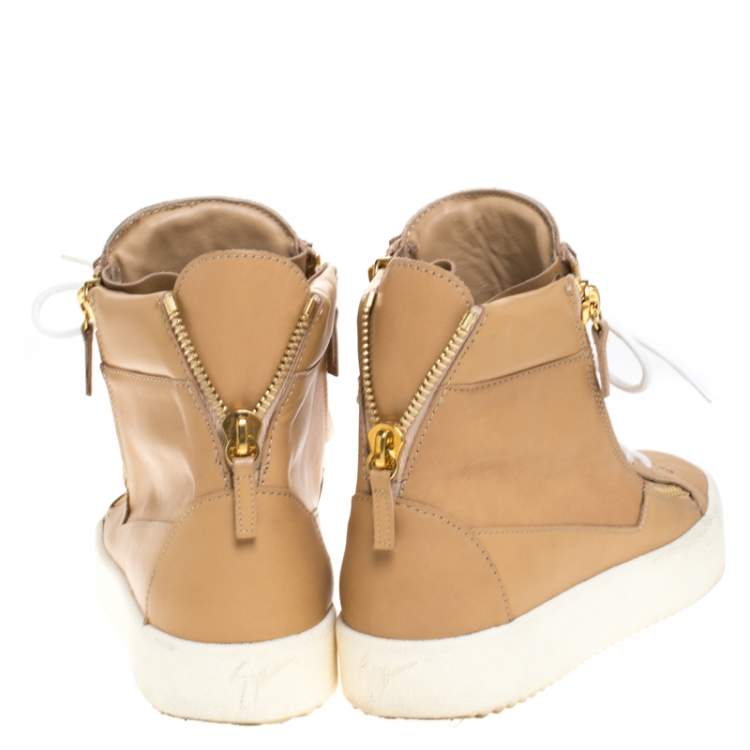 Pre Owned Giuseppe Zanotti Beige Leather Double Zipper High Top Sneakers Size 41