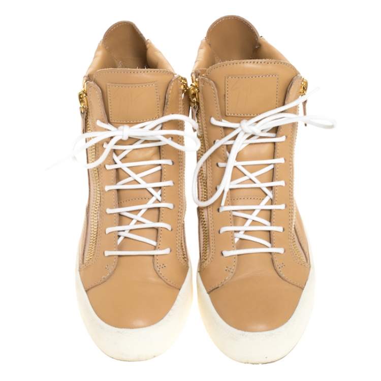 Pre Owned Giuseppe Zanotti Beige Leather Double Zipper High Top Sneakers Size 41