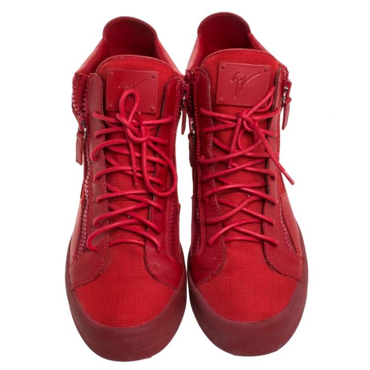 Pre Owned Giuseppe Zanotti Red Canvas and Leather London High Top Sneakers Size 43.5
