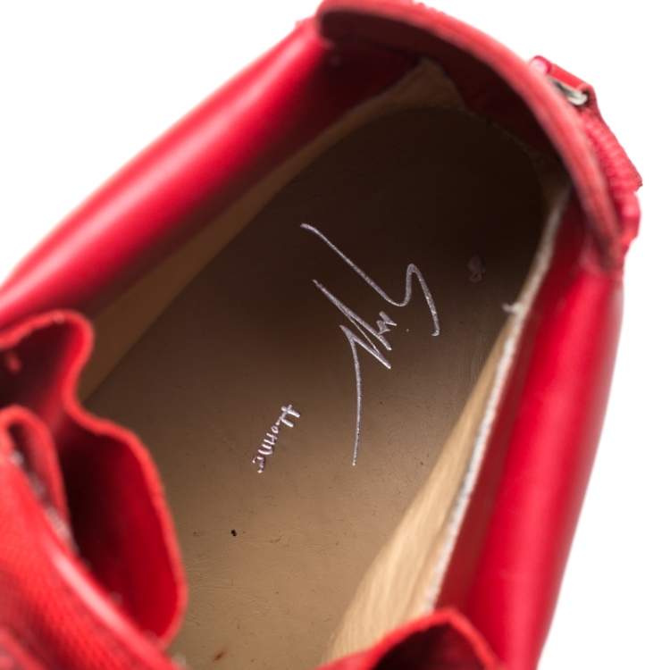 Pre Owned Giuseppe Zanotti Red Canvas and Leather London High Top Sneakers Size 43.5