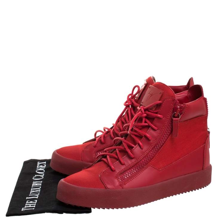 Pre Owned Giuseppe Zanotti Red Canvas and Leather London High Top Sneakers Size 43.5