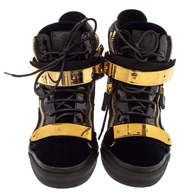 Pre Owned Giuseppe Zanotti Black/Blue Patent Leather and Velvet Coby High Top Sneakers Size 39
