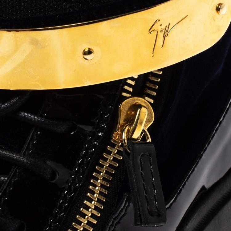 Pre Owned Giuseppe Zanotti Black/Blue Patent Leather and Velvet Coby High Top Sneakers Size 39