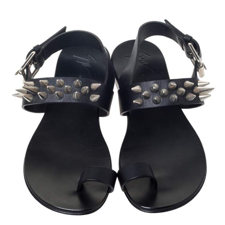Pre Owned Giuseppe Zanotti Black Leather Zak Spike Flat Sandals Size 40