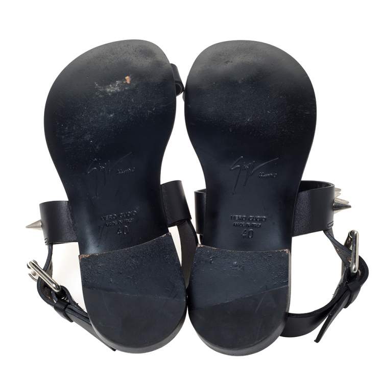Pre Owned Giuseppe Zanotti Black Leather Zak Spike Flat Sandals Size 40
