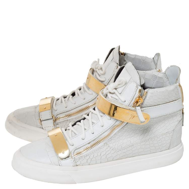 Pre Owned Giuseppe Zanotti White Croc Embossed Leather Coby High Top Sneakers Size 44.5