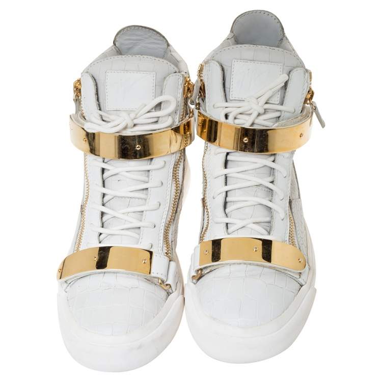 Pre Owned Giuseppe Zanotti White Croc Embossed Leather Coby High Top Sneakers Size 44.5