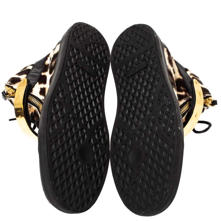 Pre Owned Giuseppe Zanotti Brown/Black Leopard Print Calf hair Lace Up High Top Sneakers Size 44