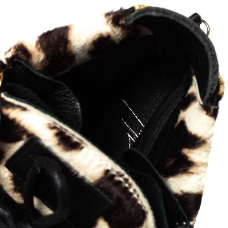 Pre Owned Giuseppe Zanotti Brown/Black Leopard Print Calf hair Lace Up High Top Sneakers Size 44