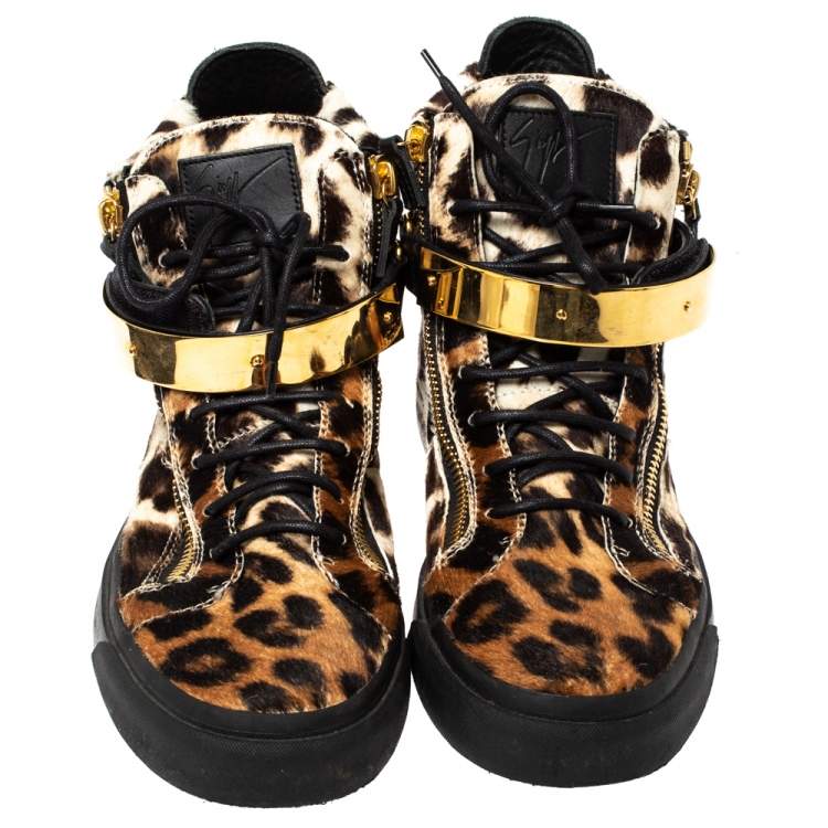 Pre Owned Giuseppe Zanotti Brown/Black Leopard Print Calf hair Lace Up High Top Sneakers Size 44