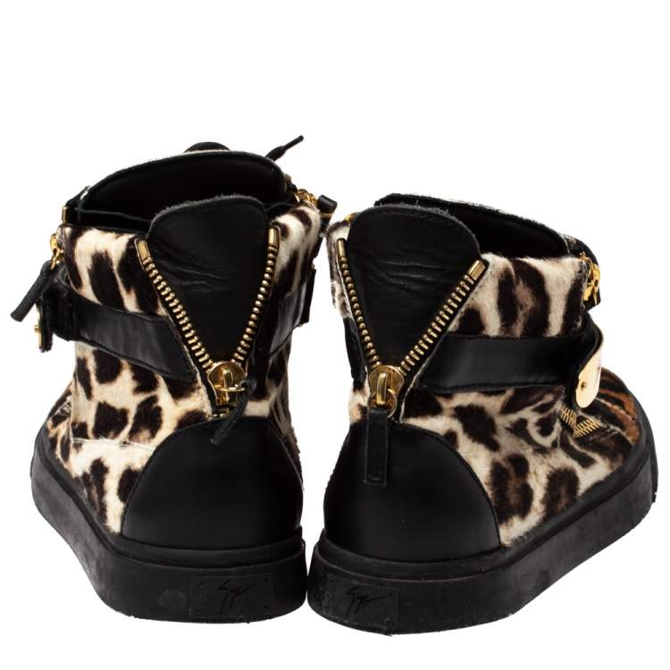Pre Owned Giuseppe Zanotti Brown/Black Leopard Print Calf hair Lace Up High Top Sneakers Size 44