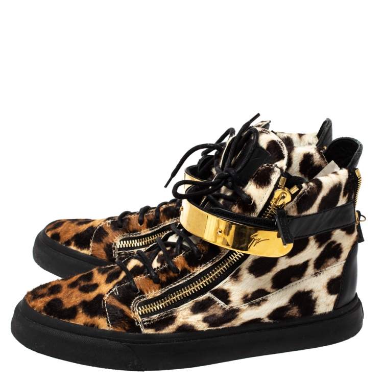 Pre Owned Giuseppe Zanotti Brown/Black Leopard Print Calf hair Lace Up High Top Sneakers Size 44