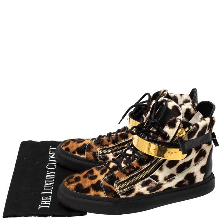 Pre Owned Giuseppe Zanotti Brown/Black Leopard Print Calf hair Lace Up High Top Sneakers Size 44