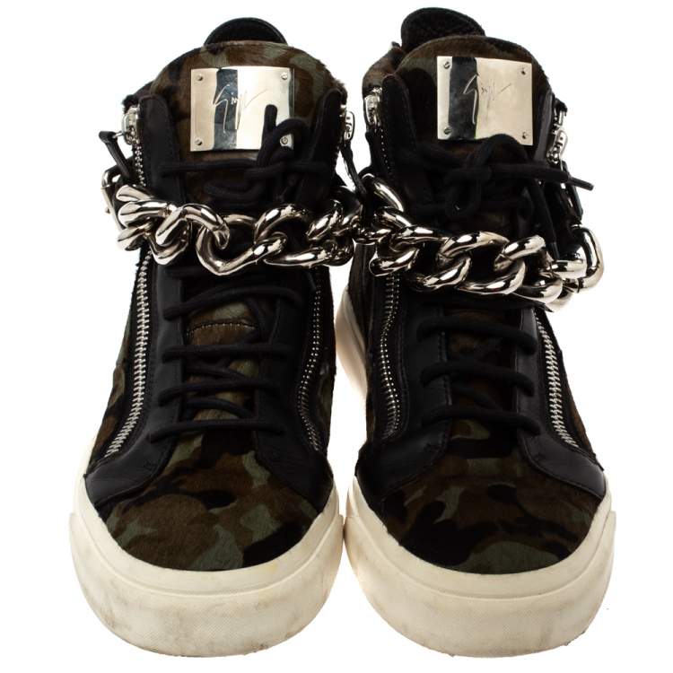 Pre Owned Giuseppe Zanotti Multicolor Camouflage Calf Hair Chain Embellished London High Top Sneakers Size 44.5