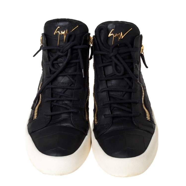 مملوكة مسبقًا Giuseppe Zanotti Black Croc Embossed Leather London High Top Sneakers Size 45