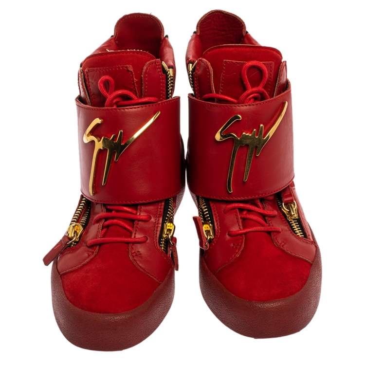 Pre Owned Giuseppe Zanotti Red Suede And Leather Double Zip High Top Sneakers Size 42