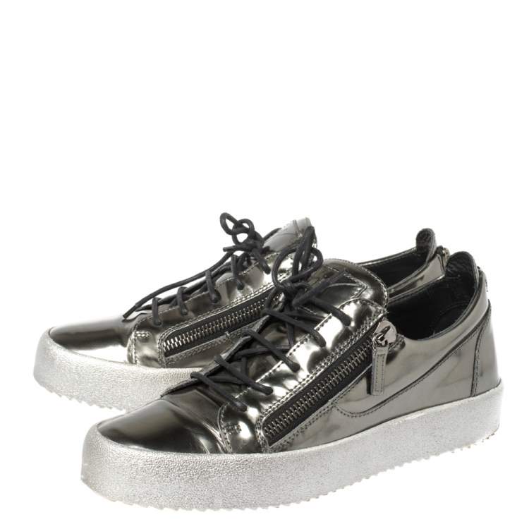 Pre Owned Giuseppe Zanotti Metallic Gunmetal Patent Leather Frankie Low Top Sneakers Size 43