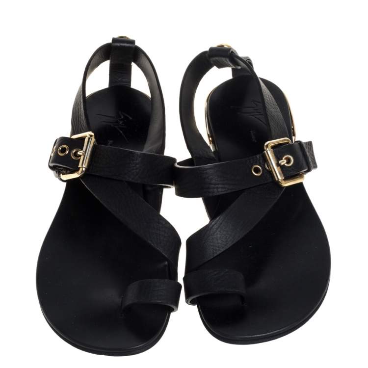 Pre Owned Giuseppe Zanotti Black Leather Toe Ring Cross Strap Sandals Size 42