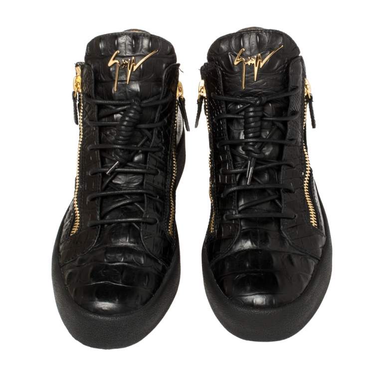 Pre Owned Giuseppe Zanotti Black Croc Embossed Leather London High Top Sneakers Size 43