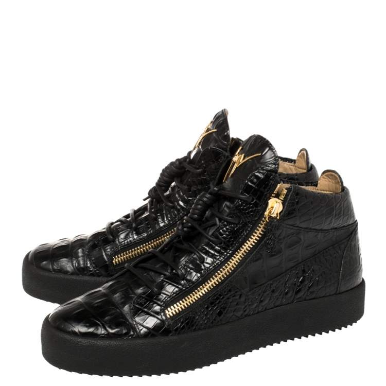 Pre Owned Giuseppe Zanotti Black Croc Embossed Leather London High Top Sneakers Size 43