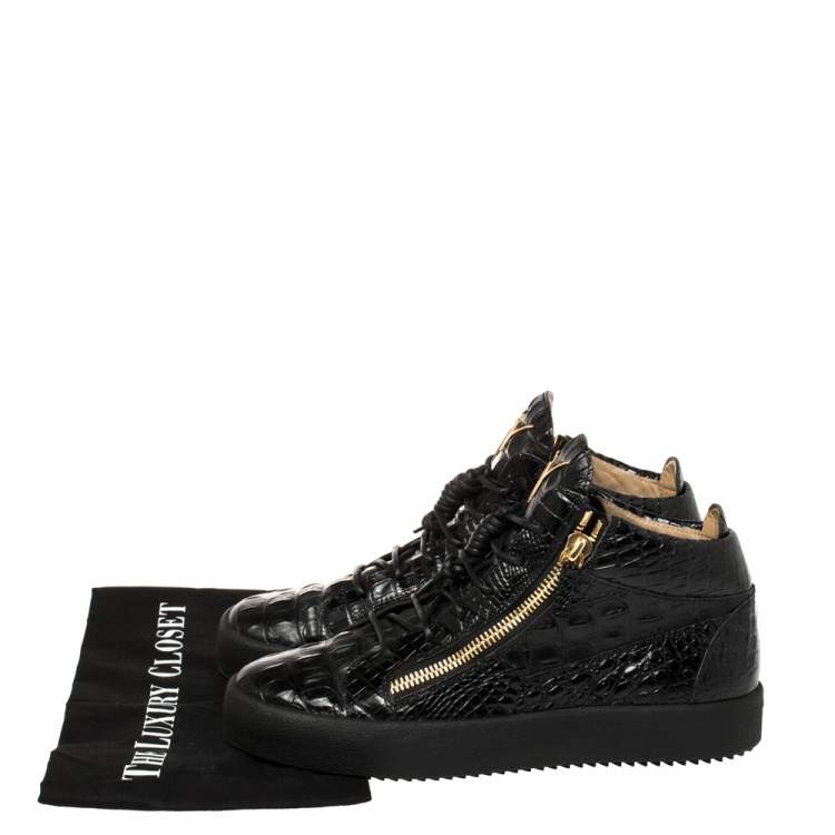 Pre Owned Giuseppe Zanotti Black Croc Embossed Leather London High Top Sneakers Size 43