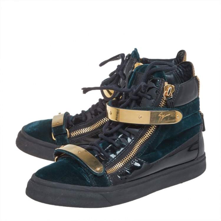 Pre Owned Giuseppe Zanotti Dark Green/Gold Velvet And Leather Double Bar High Top Sneakers Size 40