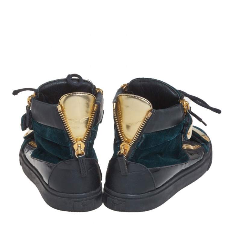 Pre Owned Giuseppe Zanotti Dark Green/Gold Velvet And Leather Double Bar High Top Sneakers Size 40