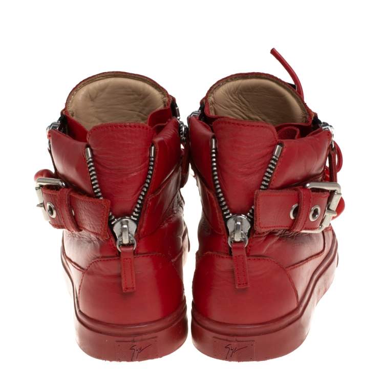 Pre Owned Giuseppe Zanotti Red Leather Chain Detail High Top Sneakers Size 40