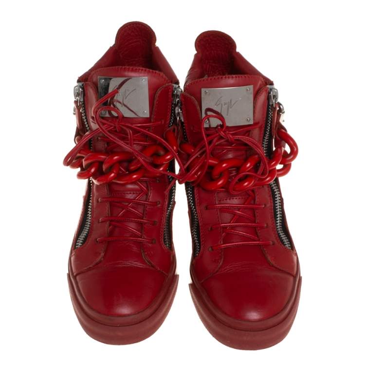 Pre Owned Giuseppe Zanotti Red Leather Chain Detail High Top Sneakers Size 40