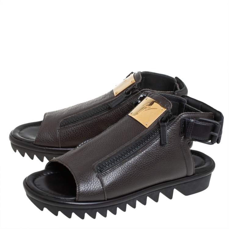 Pre Owned Giuseppe Zanotti Brown Leather Zipper Detail Slingback Sandals Size 42
