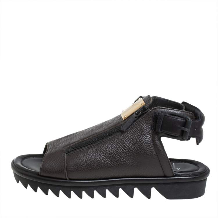 Pre Owned Giuseppe Zanotti Brown Leather Zipper Detail Slingback Sandals Size 42