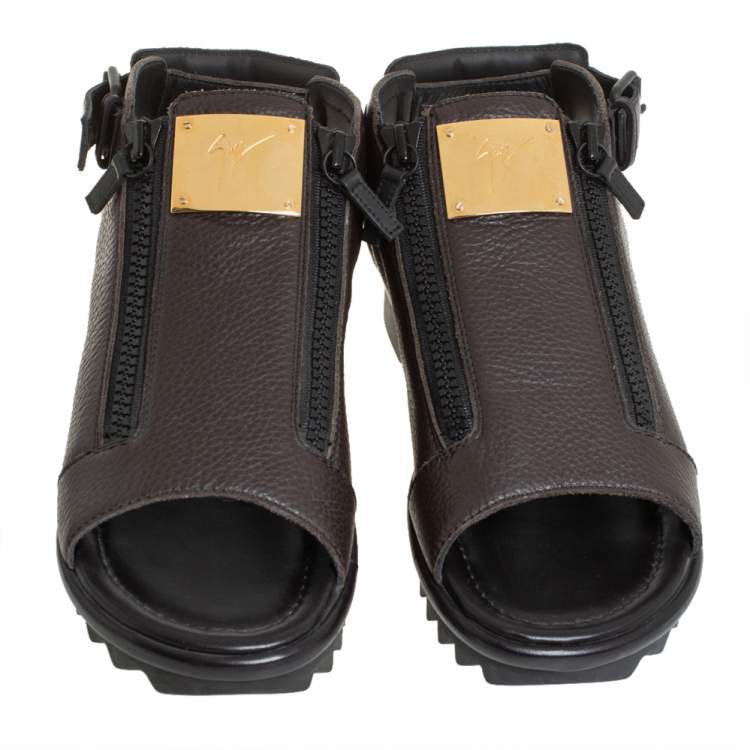 Pre Owned Giuseppe Zanotti Brown Leather Zipper Detail Slingback Sandals Size 42