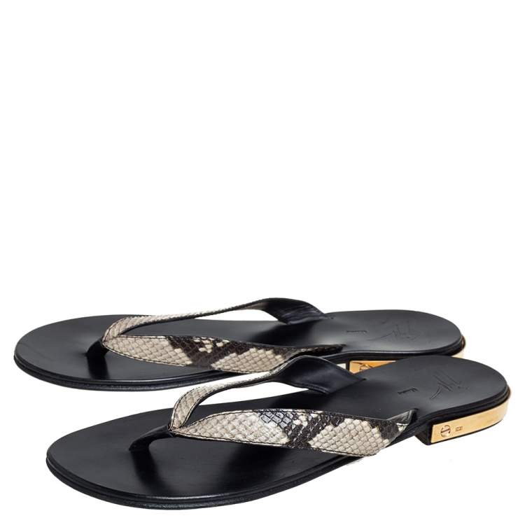 Pre Owned Giuseppe Zanotti Beige/Brown Snakeskin Embossed Leather Slide Sandals Size 43